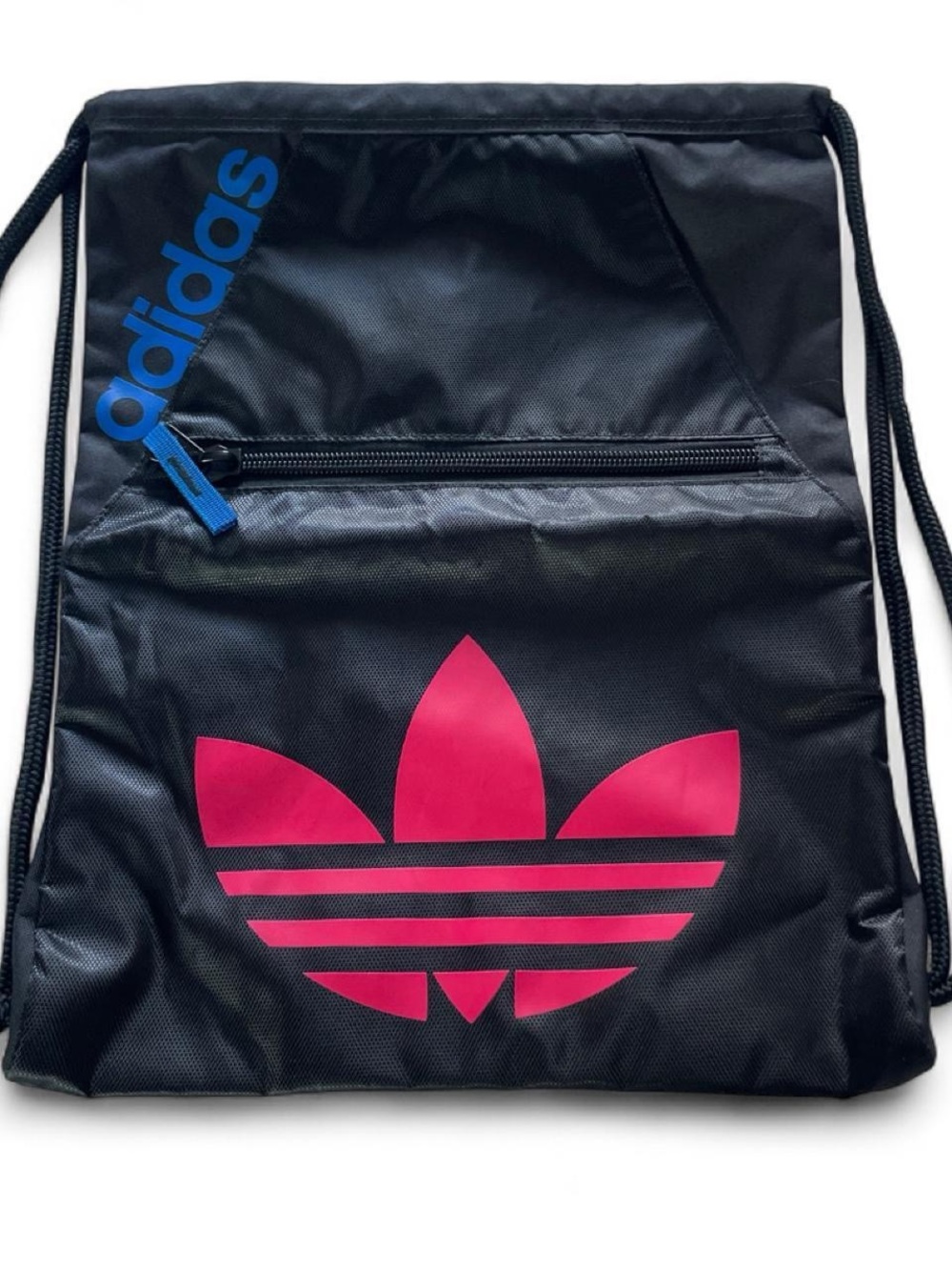adidas Black Drawstring Backpack with Pink Trefoil and Blue Logo